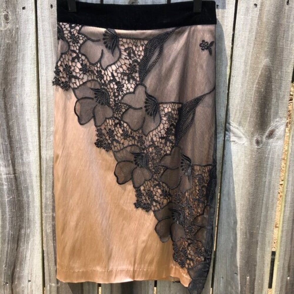 Anthropologie Eva Franco 2 Satin Lace Skirt Overlay Pencil XS Tan Black Floral